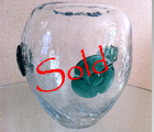 Blenko Glass vase 8"H clear crackle glass with green rosettes.